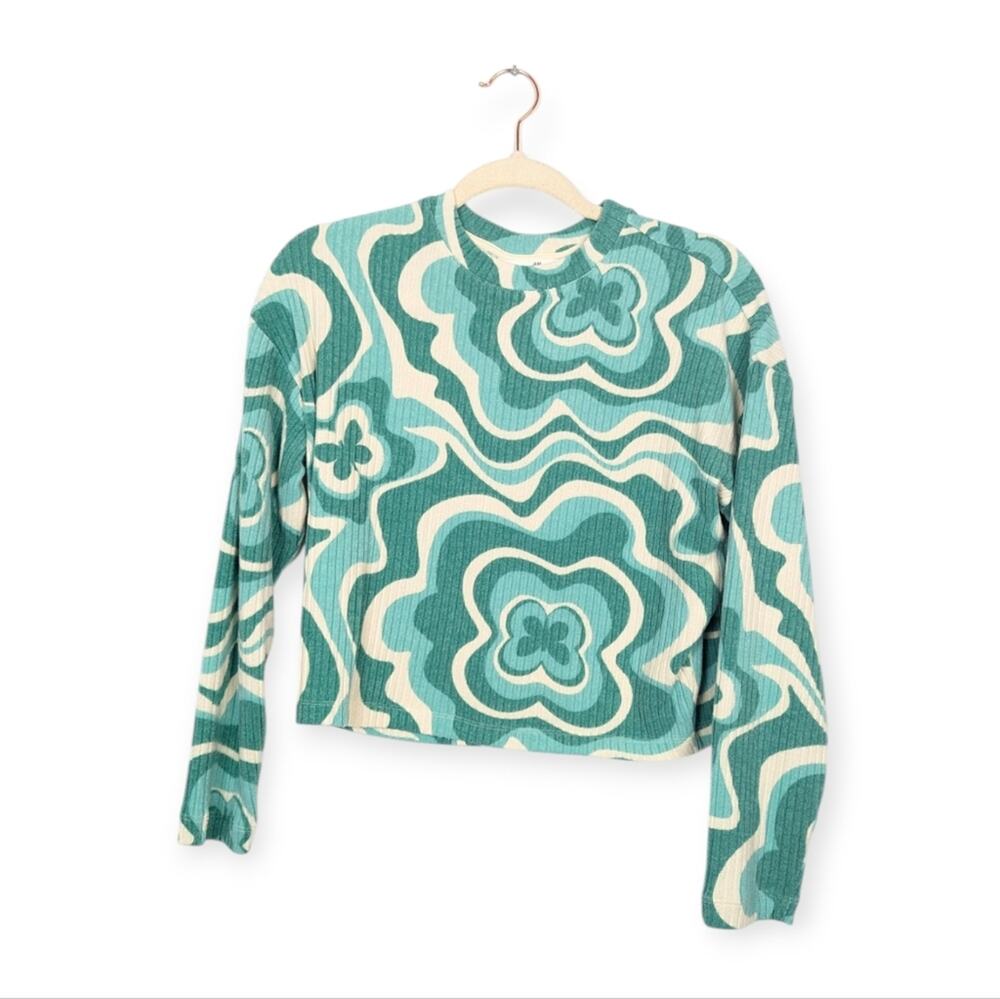 H&M Teal & Cream Girls Butterfly Y2K Pattern Long Sleeve Top